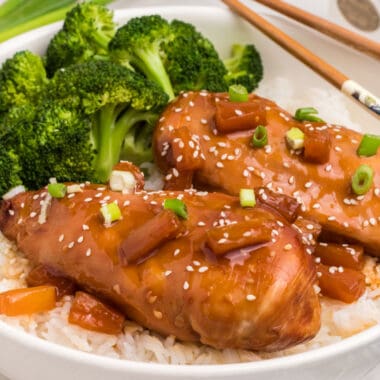 square image of slow cooker pineapple teriyaki chicken with rice and broccoli