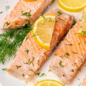 square image of slow cooker poached salmon on a platter