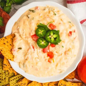 square image of slow cooker queso dip topped with jalapeno slices and diced tomatoes in a serving bowl