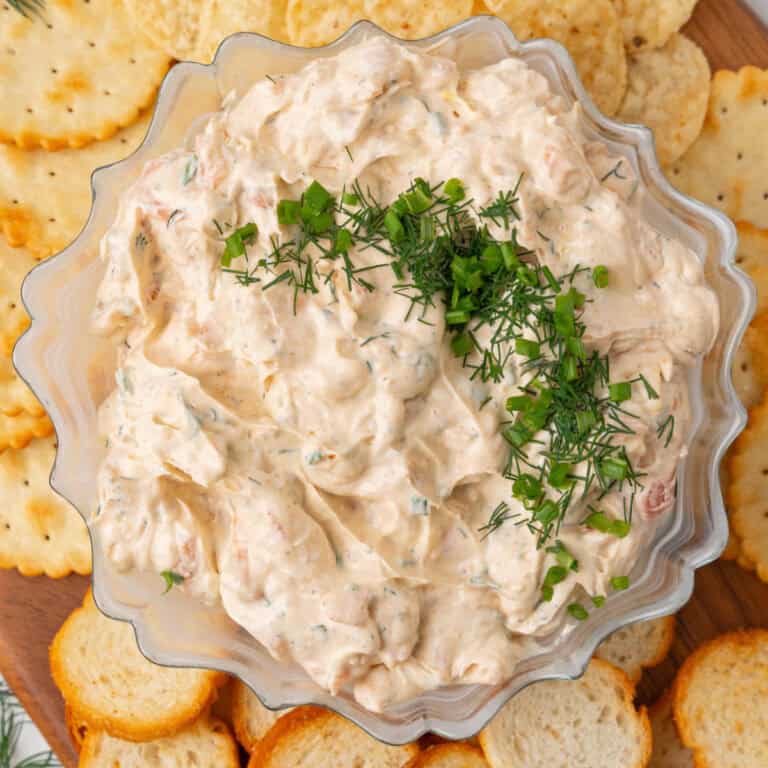 square image of smoked salmon dip in a serving bowl surrounded by crackers