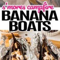 top picture is a single s'mores banana boat with the top view, bottom is a couple of stores banana boat on aluminum foil