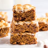 square image of s'mores cereal bars stacked up