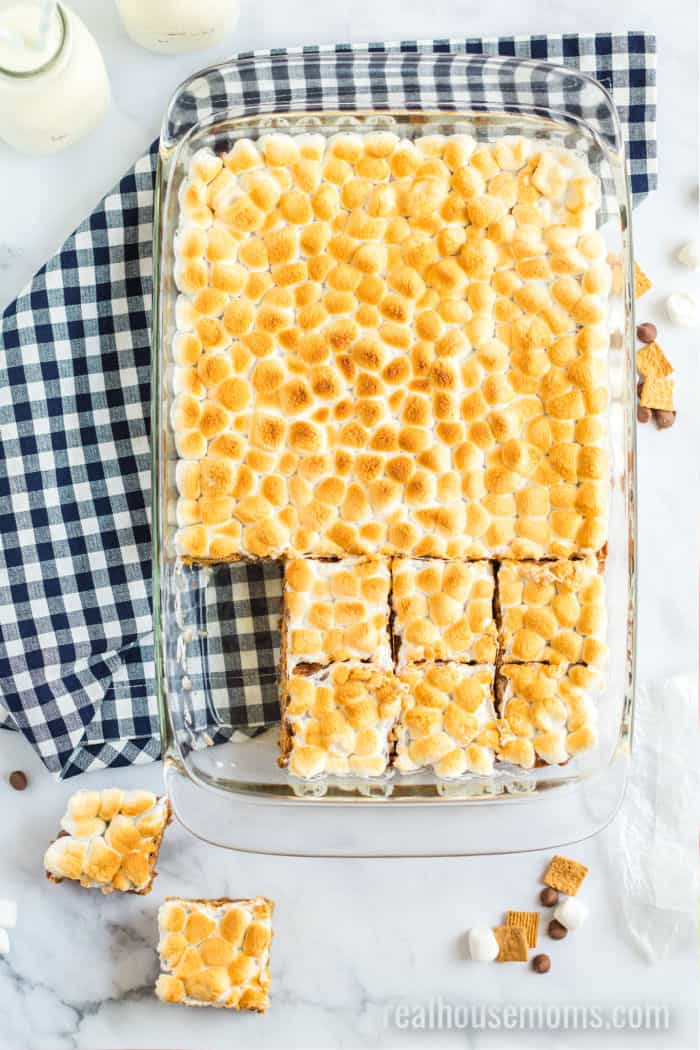 s'mores cereal bars cut into bars in a pan
