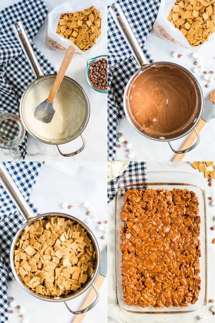 butter a marshmallows melted together in a pot, chocolate melted into the marshmallow mixture, golden grahams cereal poured into pot, chocolate/marshmallow coated cereal pressed into a baking dish