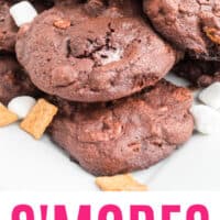 s'mores cookies piled on a plate with recipe name at the bottom