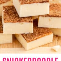 piece of snickerdoodle fudge piled up with recipe name at the bottom