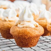 square image of snickerdoodle pumpkin cheesecake bites on a wire rack