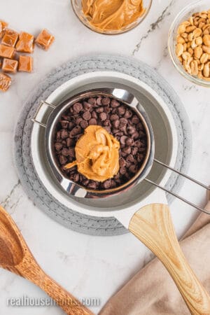 chocolate chips and peanut butter in a double boiler