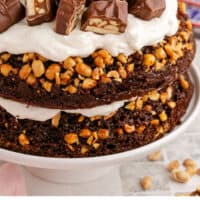 snickers chocolate cake on a cake stand with recipe name at the bottom