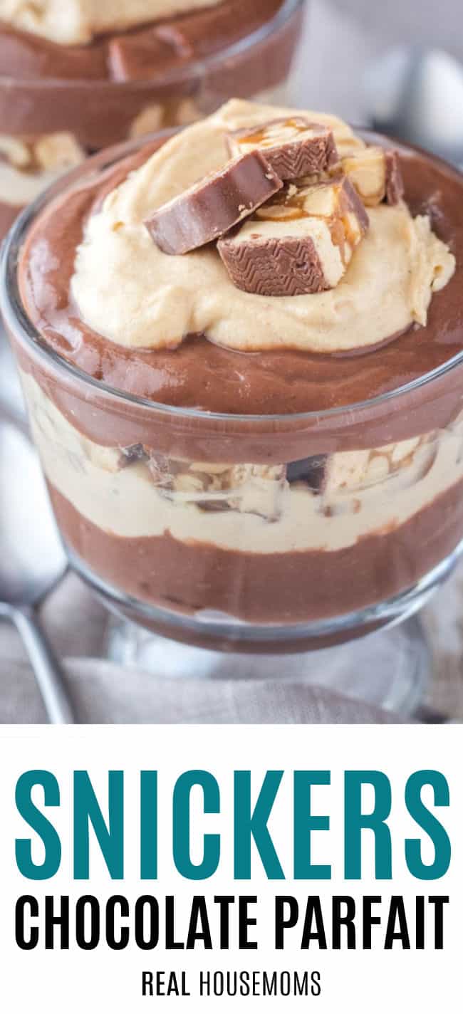 chocolate parfait in a cup with peanut butter mousse and chopped candy bars
