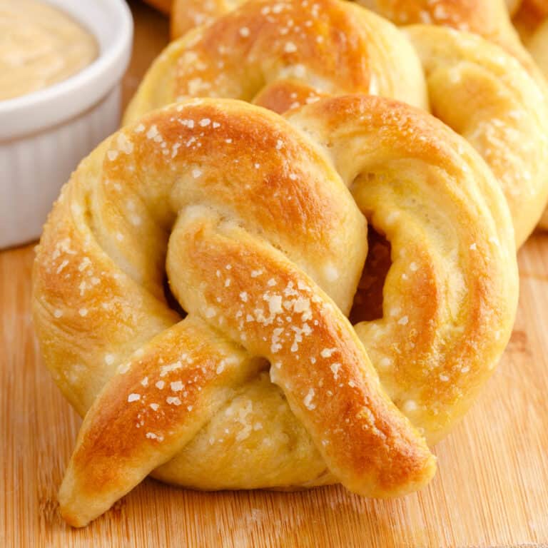 square image of a soft pretzel with salt