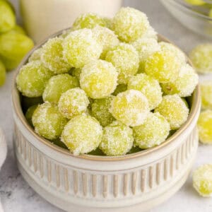 square image of sour patch grapes in a bowl