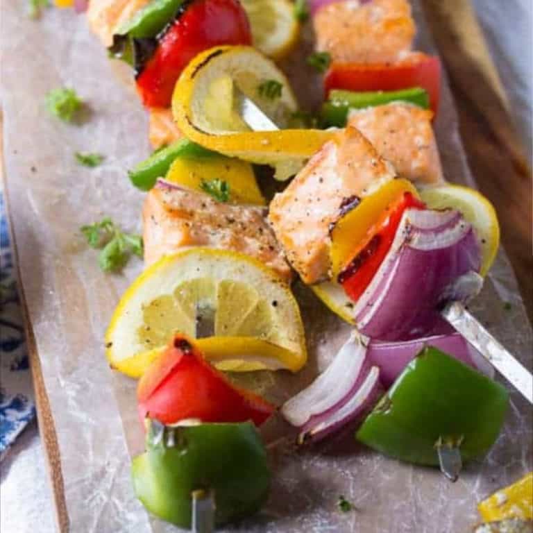 Souvlaki Salmon Skewers with Yogurt Feta Sauce