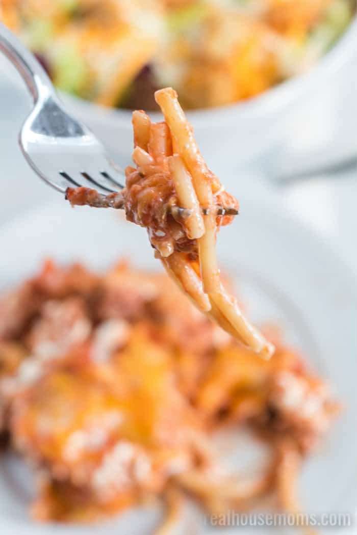 fork with a bite of spaghetti casserole