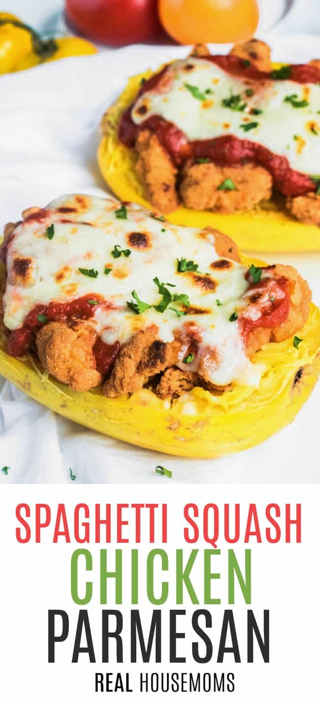 spasghetti squash loaded with breaded chicken, pasta sauce,and melted mozzarella