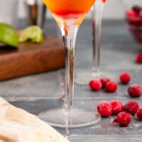 side view of two sparkling cranberry martinis with recipe name at the bottom