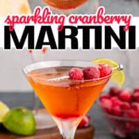 over the top shot o of sparkling cranberry martinis, bottom picture is of sparkling cranberry martinis. in the middle is the title of the post with pink and black lettering
