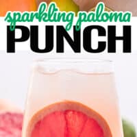 top picture is two glasses of sparkling paloma punch , bottom is a close up fo spakiling paloma punch with a slice of grapfruit inside drink