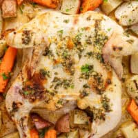 square image of roasted spatchcock chicken and vegetables on a baking sheet wiht the title of the post on top of the image in pink and black lettering