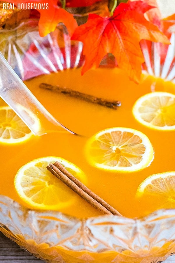close up of a punch bowl of spiced pumpkin punch garnished with lemon slices and cinnamon sticks