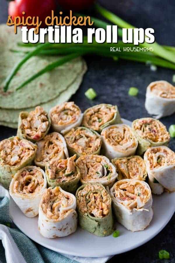 Spicy Chicken Tortilla Roll Ups are full of amazing flavors perfect for any party! These easy chicken pinwheels can be made ahead of time & served up later!