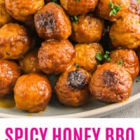 spicy honey bbq instant pot meatballs in a serving bowl with recipe name at bottom