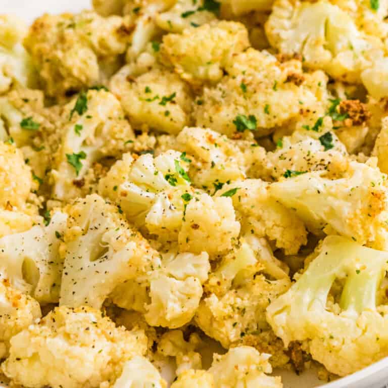 square close up image of spicy roasted cauliflower