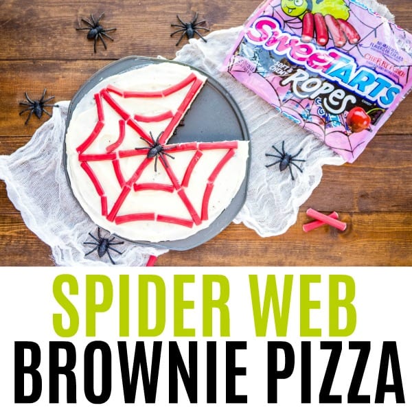 square image of spider web brownie pizza with text