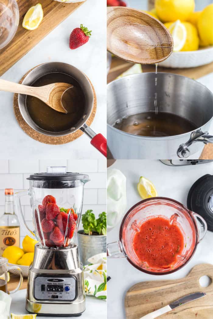 simple syrup in a saucepan, wooden spoon with siple syrup dripping off the side, strawberries and mint in a blended, strawberry-mint puree in a blender