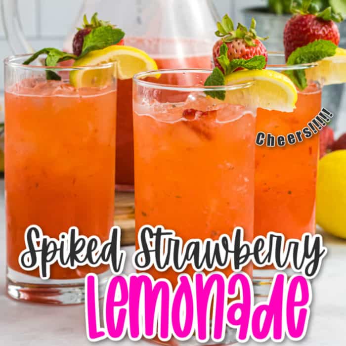 square image of spiked strawberry lemonade, pic of three glasses on lemonade