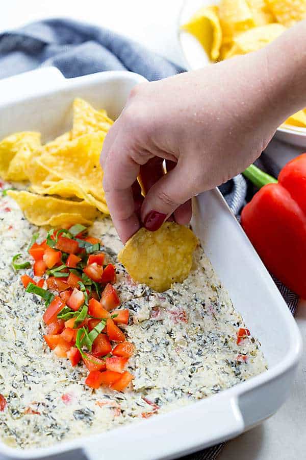 Spinach Bell Pepper Dip is a warm cheesy dip that tastes amazing! Garlic, cream cheese, sour cream and mozarella cheese make the best dip for parties!