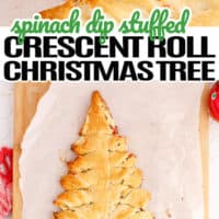 top picture is a hand taking of a bite of the spinach dip stuffed crescent roll Christmas tree, bottom is a whole Christmas tree