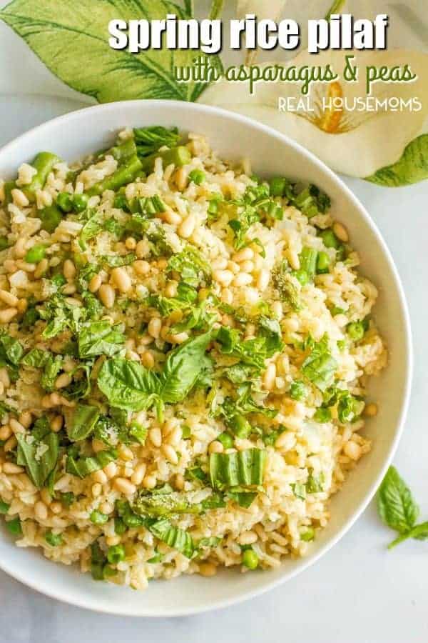 One-pot spring rice pilaf with asparagus and peas is a bright, fresh and easy side dish that’s topped with Parmesan cheese, fresh basil & pine nuts!