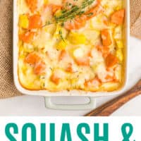 looking down at squash & sweet potato gratin in a baking dish with recipe name at the bottom
