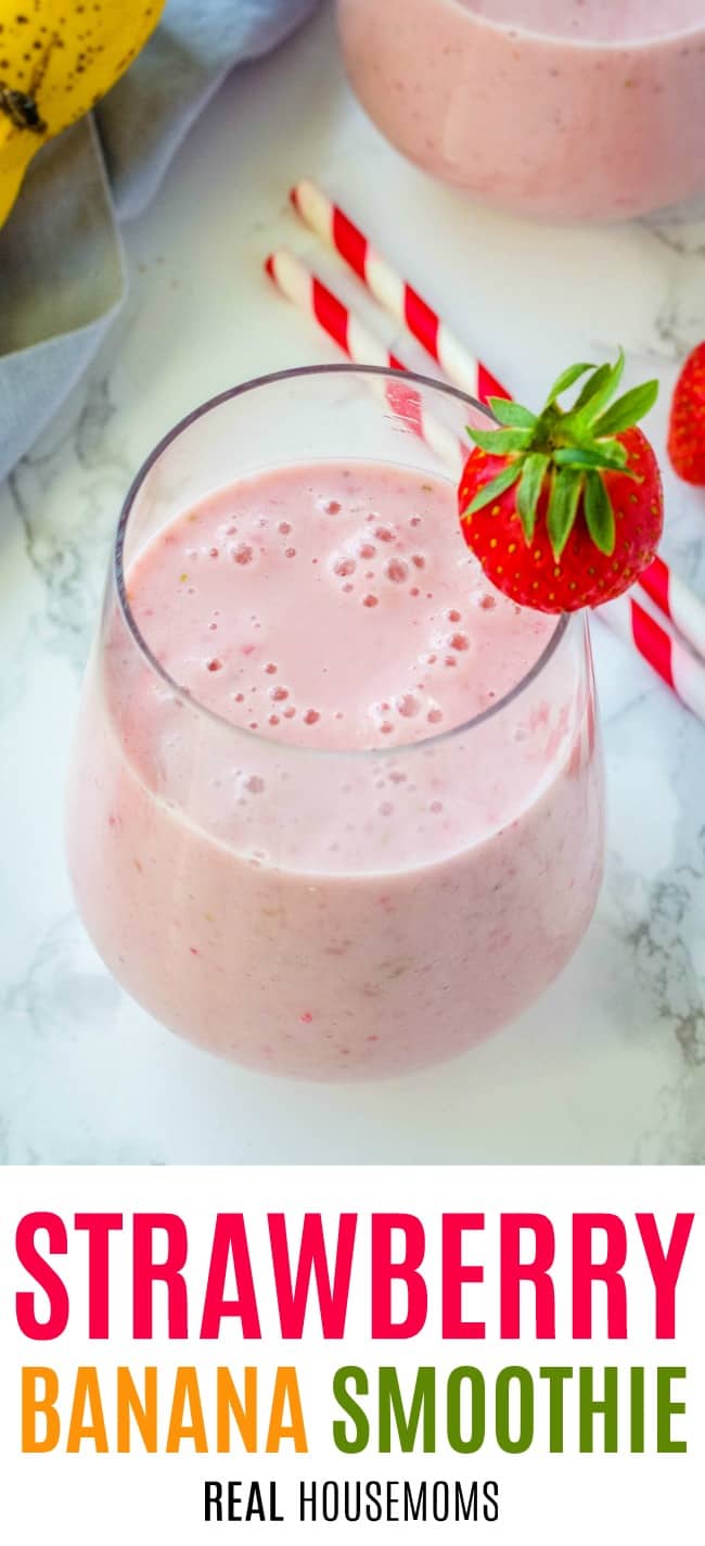 stawberry banana smoothie in a glass with a strawberry garnish