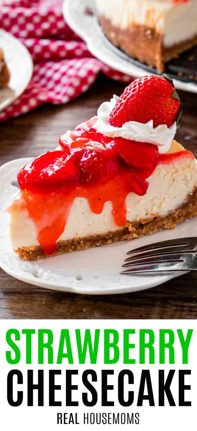 slice of strawberry cheesecake on a plate