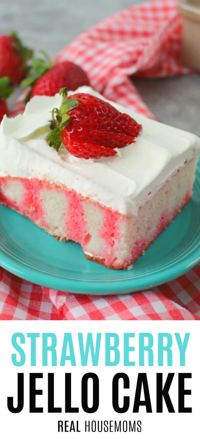slice of strawberry jello cake on a blue dessert plate