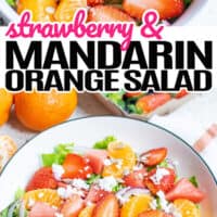 top is an over the top shot of strawberry mandarin orange salad in a white bowl , bottom picture is a bowl full go strawberry mandarin orange salad