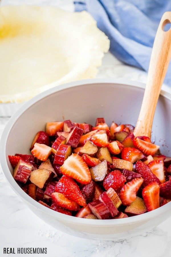 strawberry rhubarb pie filling in a mixing bowl