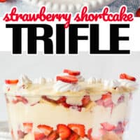a bowl of strawberry shortcake trifle, bottom is a strawberry shortcake trifle