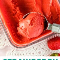 ice cream scoop of strawberry sorbet in a freezer dish with recipe name at the bottom