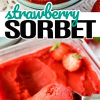top picture is two scoops of sorbet in a bowl with fresh strawberries on the side