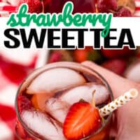 top pocture is a picture of a pile of strawberries in a cup, bottom is a hand holding a glass full of strawberry sweet tea