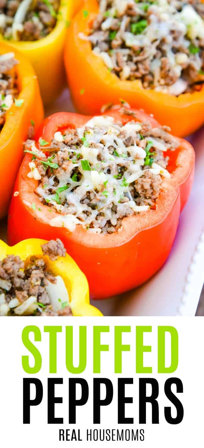 stuffed peppers filled with rice and beef in a baking dish