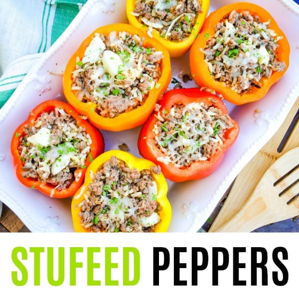 square image of stuffed peppers with text