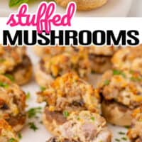 top picture is of a stuffed mushroom topped with chopped parsley, bottom picture is a row of stuffed mushrooms with the title of the post in between the two pictures with pink and black lettering
