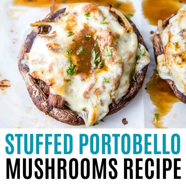 square image of stuffed portobello mushrooms with text