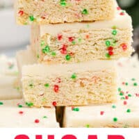three sugar cookie bars stacked up with recipe name at the bottom