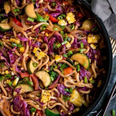 Skip the meat and fill up on this Japanese Summer Veggie Udon Noodle Stir Fry that takes less than 30 minutes to throw together!
