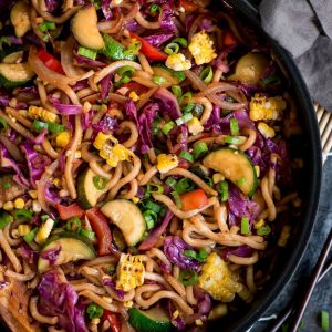 Skip the meat and fill up on this Japanese Summer Veggie Udon Noodle Stir Fry that takes less than 30 minutes to throw together!